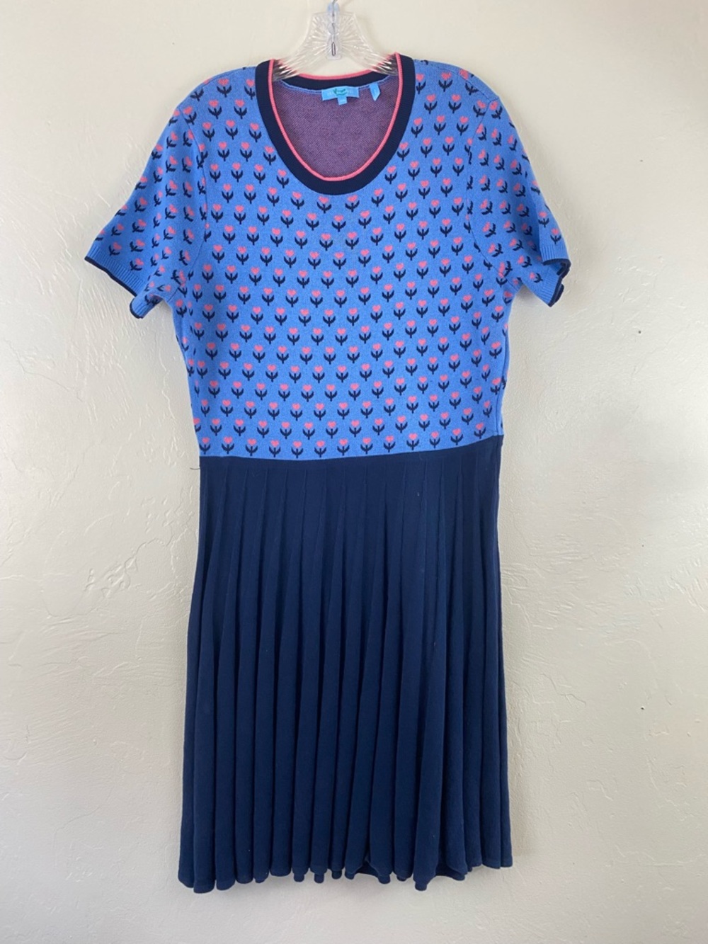 Draper James XXL Blue Ribbed Cotton Dress Short Sleeve Pleaded Skirt Midi Dress